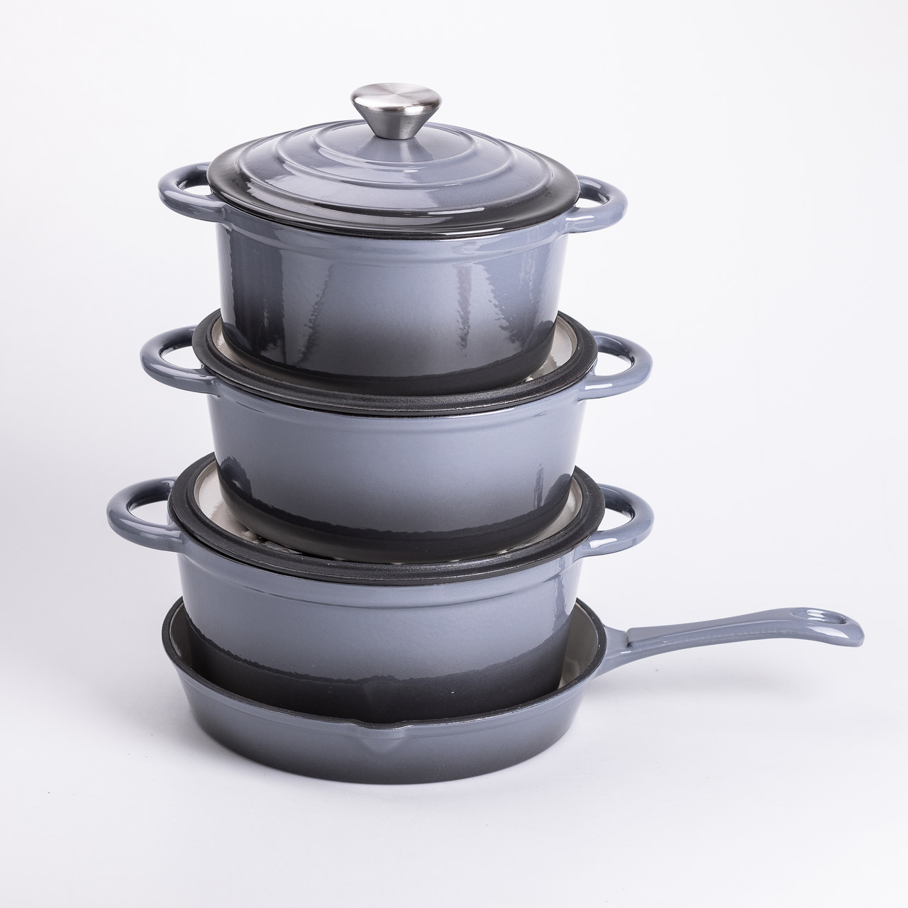Набір чавунного посуду для приготування 3 каструлі та сковорода з емальованим покриттям Сірий HP-1-5_HP-1-5_Milantium_3