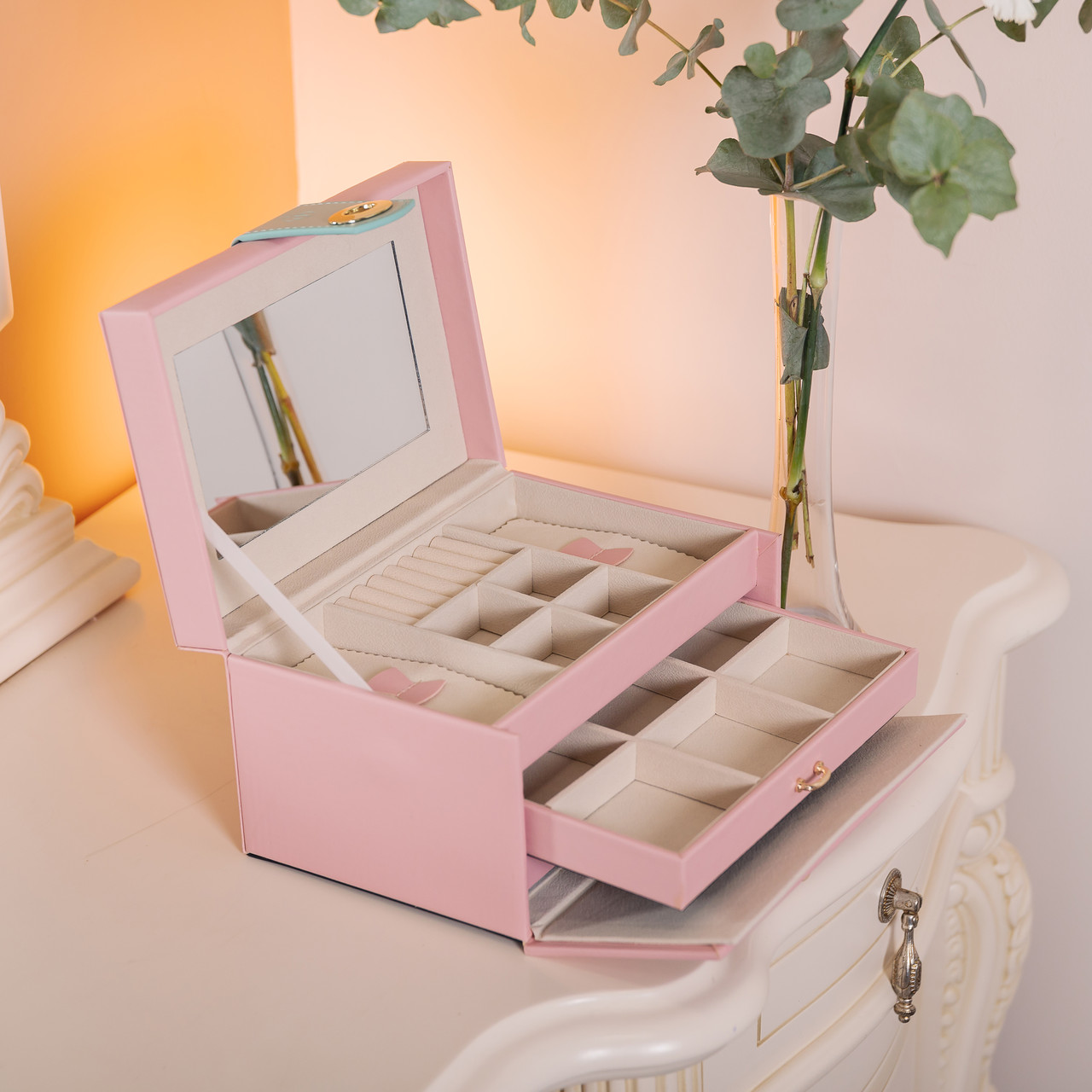 Скринька для прикрас з еко шкіри 3 яруси з дзеркалом органайзер для ювелірних виробів HP-5-17P_HP-5-17P_Milantium_7