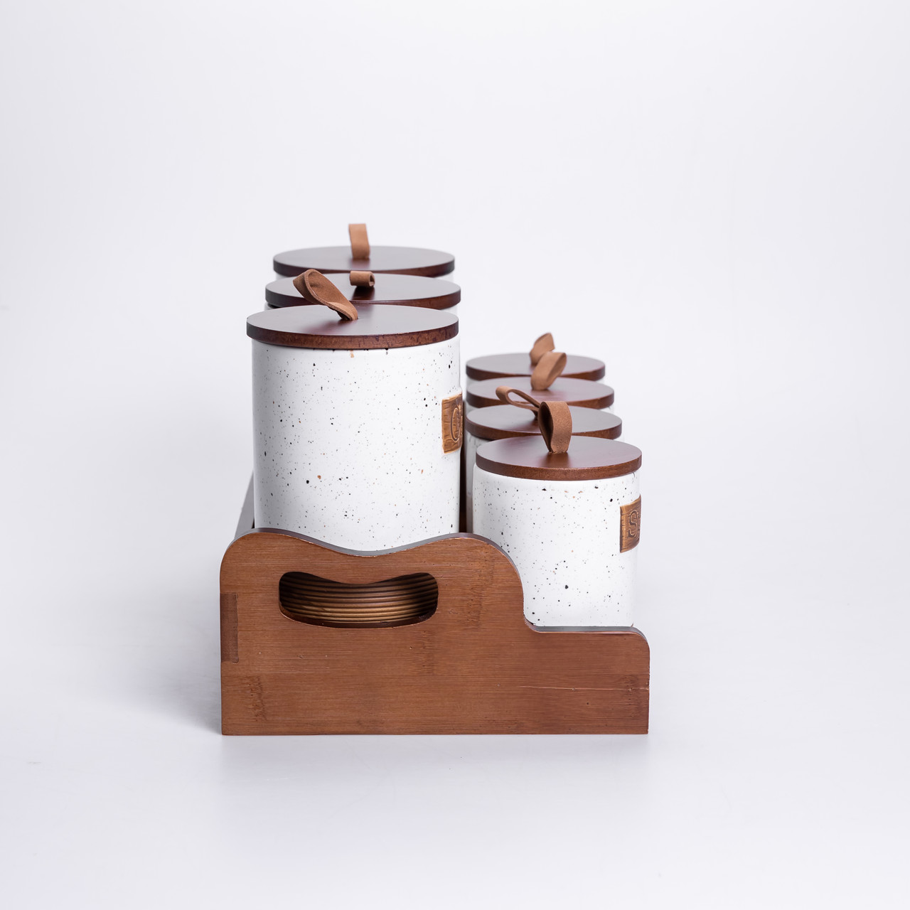 Банки для сыпучих продуктов. 9 штук на бамбуковій підставці з кришками 36.5×20.5×22 см Бежевий HP-26-2BE_HP-26-2BE_Milantium_7