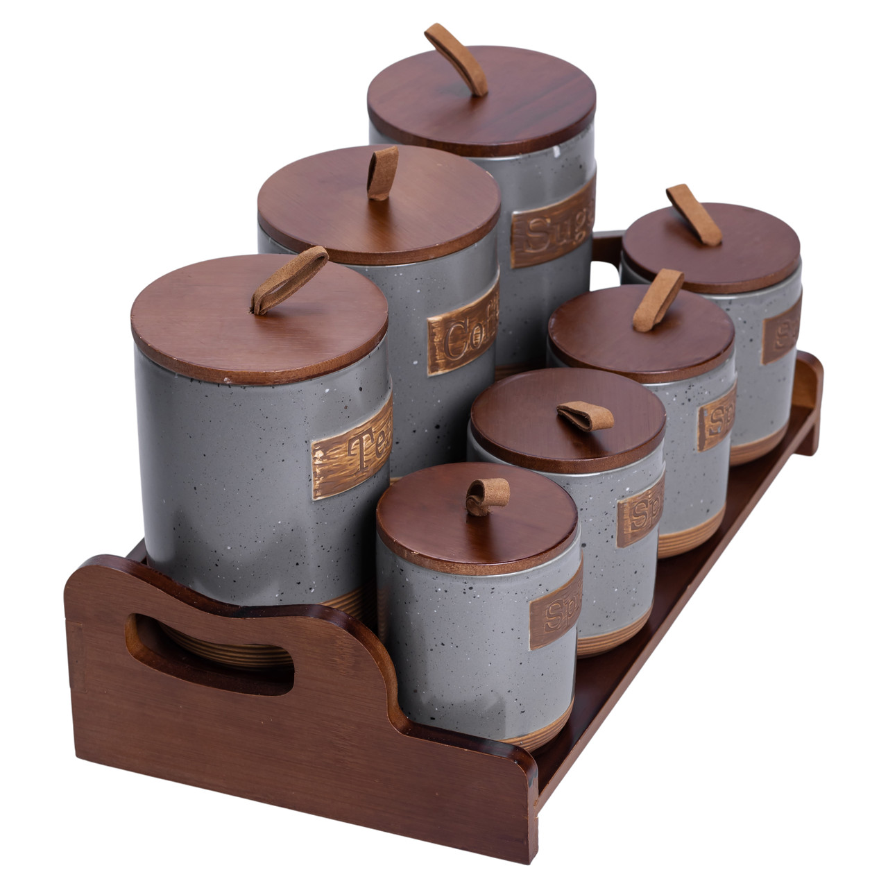 Банки для сипучих продуктів набір 9 штук на бамбуковій підставці з кришками 36.5×20.5×22 см Сірий HP-26-2G – купити в Україні недорого