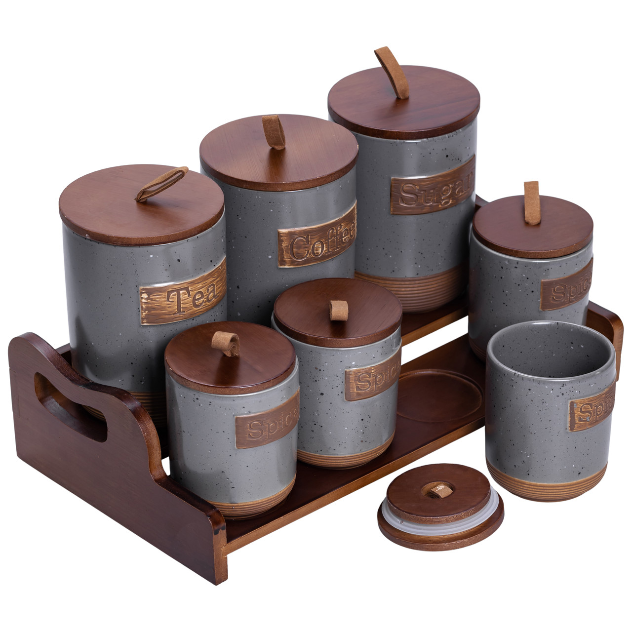 Банки для сипучих продуктів набір 9 штук на бамбуковій підставці з кришками 36.5×20.5×22 см Сірий HP-26-2G_HP-26-2G_Milantium_3