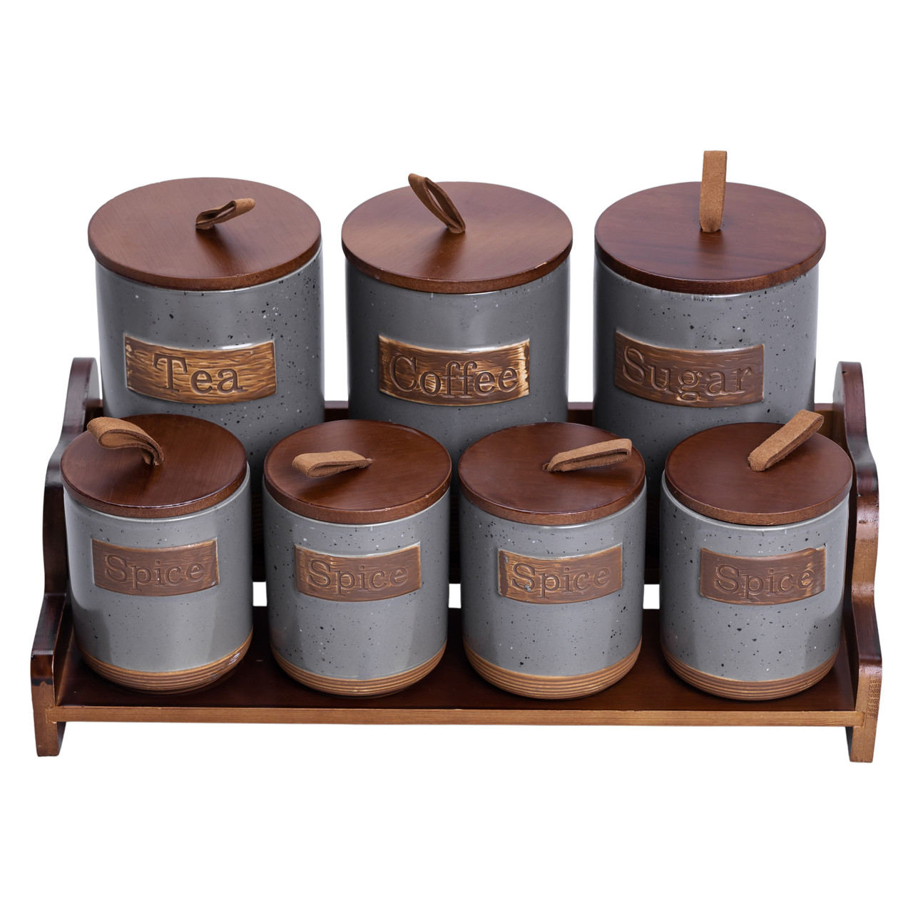 Банки для сипучих продуктів набір 9 штук на бамбуковій підставці з кришками 36.5×20.5×22 см Сірий HP-26-2G_HP-26-2G_Milantium_4