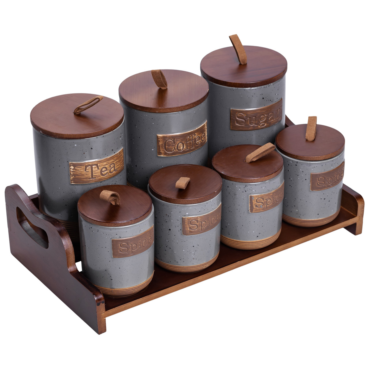 Банки для сипучих продуктів набір 9 штук на бамбуковій підставці з кришками 36.5×20.5×22 см Сірий HP-26-2G_HP-26-2G_Milantium_5