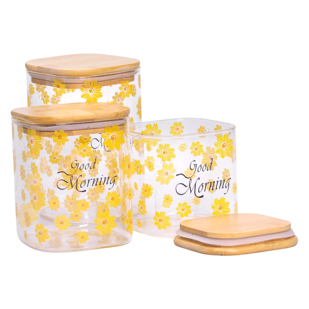 Банки для сыпучих продуктов набор из 3 шт з бамбуковими кришками 700 (мл), 900 (мл), 1.2 (л) HP-33-3 – купити в Україні недорого