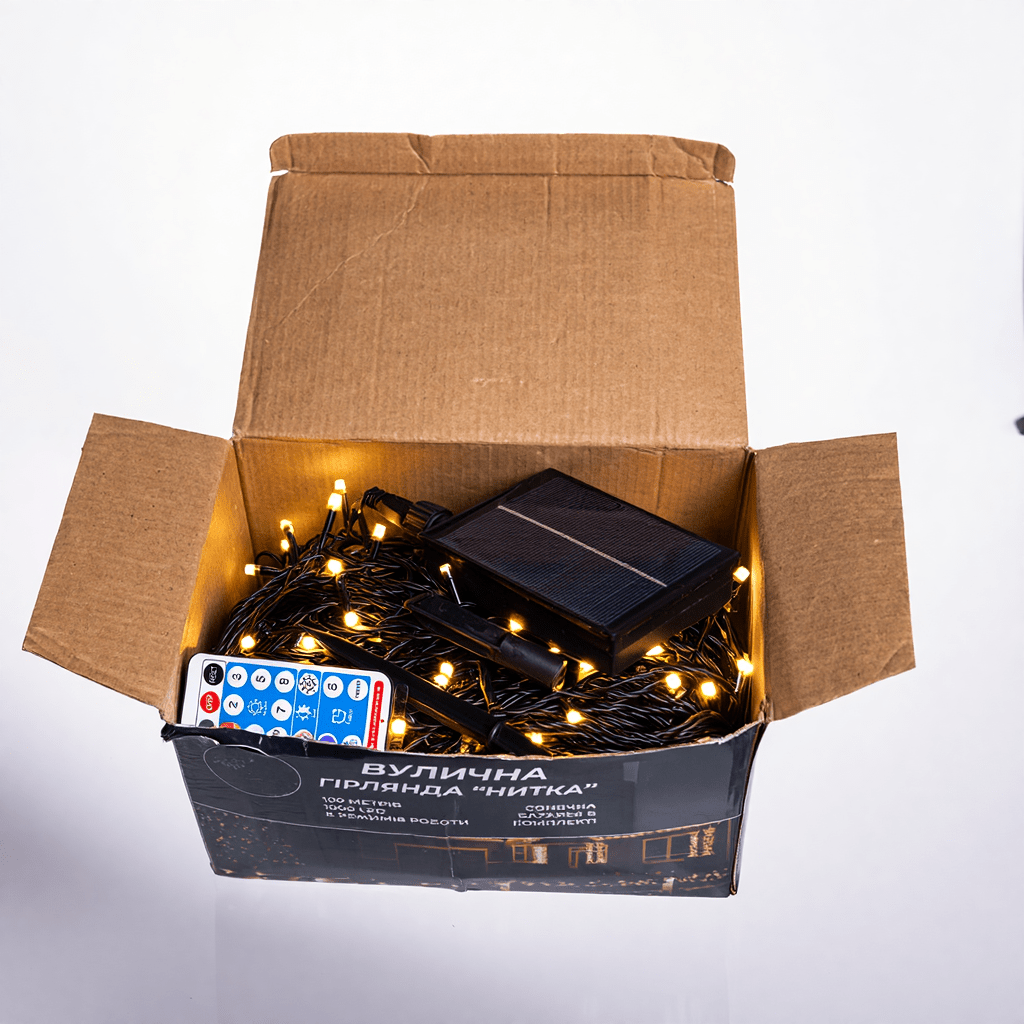 Новорічна гірлянда вулична 100 м 1000 LED із сонячною батареєю 8 режимів роботи чорний провід Жовте світло SB1000L100MBY_SB1000L100MBY_Milantium_4