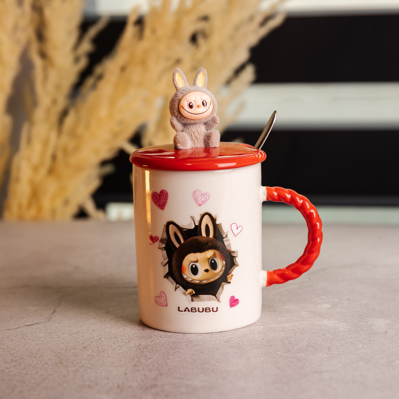 Чашка порцелянова з кришкою і ложкою Labubu 400 (мл) подарункова кружка прикольна чашка для дітей на подарунок Червоний FM-35D_FM-35D_Milantium_2