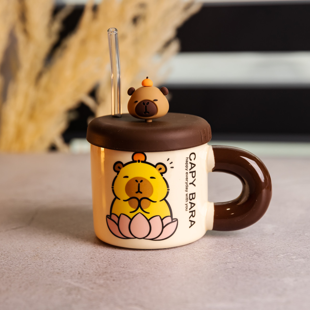 Чашка порцелянова з кришкою та трубочкою Капібара в лотосі 300 (мл) подарункова кружка прикольна чашка для дітей на подарунок FM-27B_FM-27B_Milantium_2