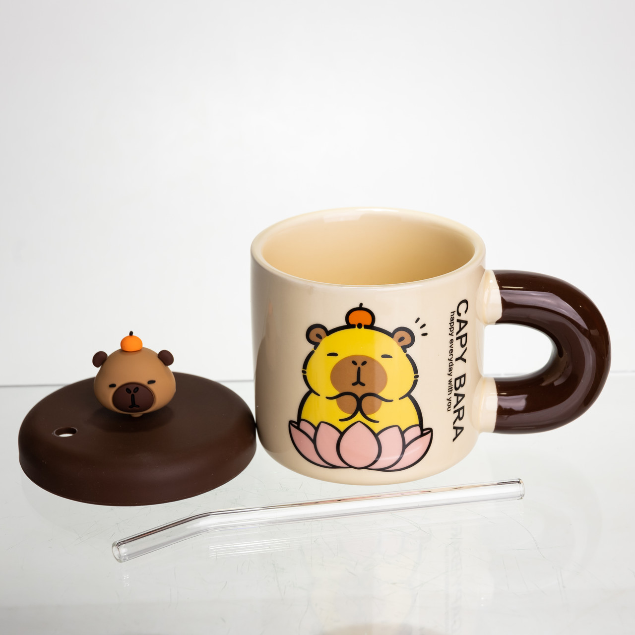 Чашка порцелянова з кришкою та трубочкою Капібара в лотосі 300 (мл) подарункова кружка прикольна чашка для дітей на подарунок FM-27B_FM-27B_Milantium_3