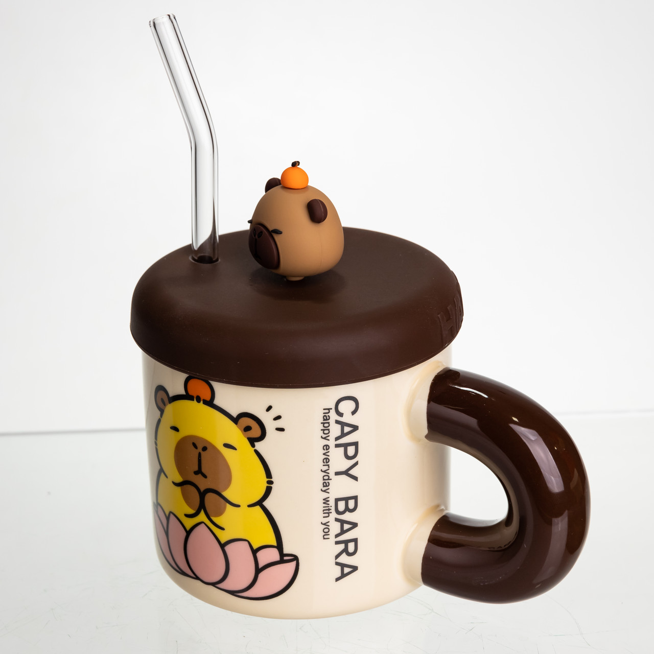 Чашка порцелянова з кришкою та трубочкою Капібара в лотосі 300 (мл) подарункова кружка прикольна чашка для дітей на подарунок FM-27B_FM-27B_Milantium_4