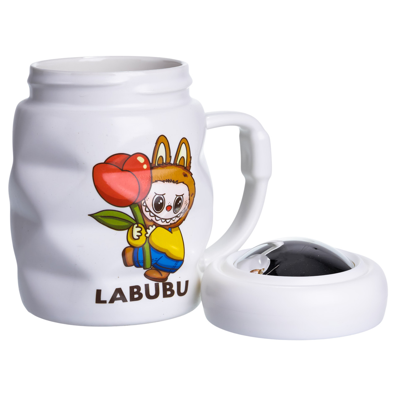 Фарфоровая чашка Лабубу с крышкой. 400 (мл) подарункова кружка прикольна чашка для дітей на подарунок Білий з жовтим FM-54D_FM-54D_Milantium_2