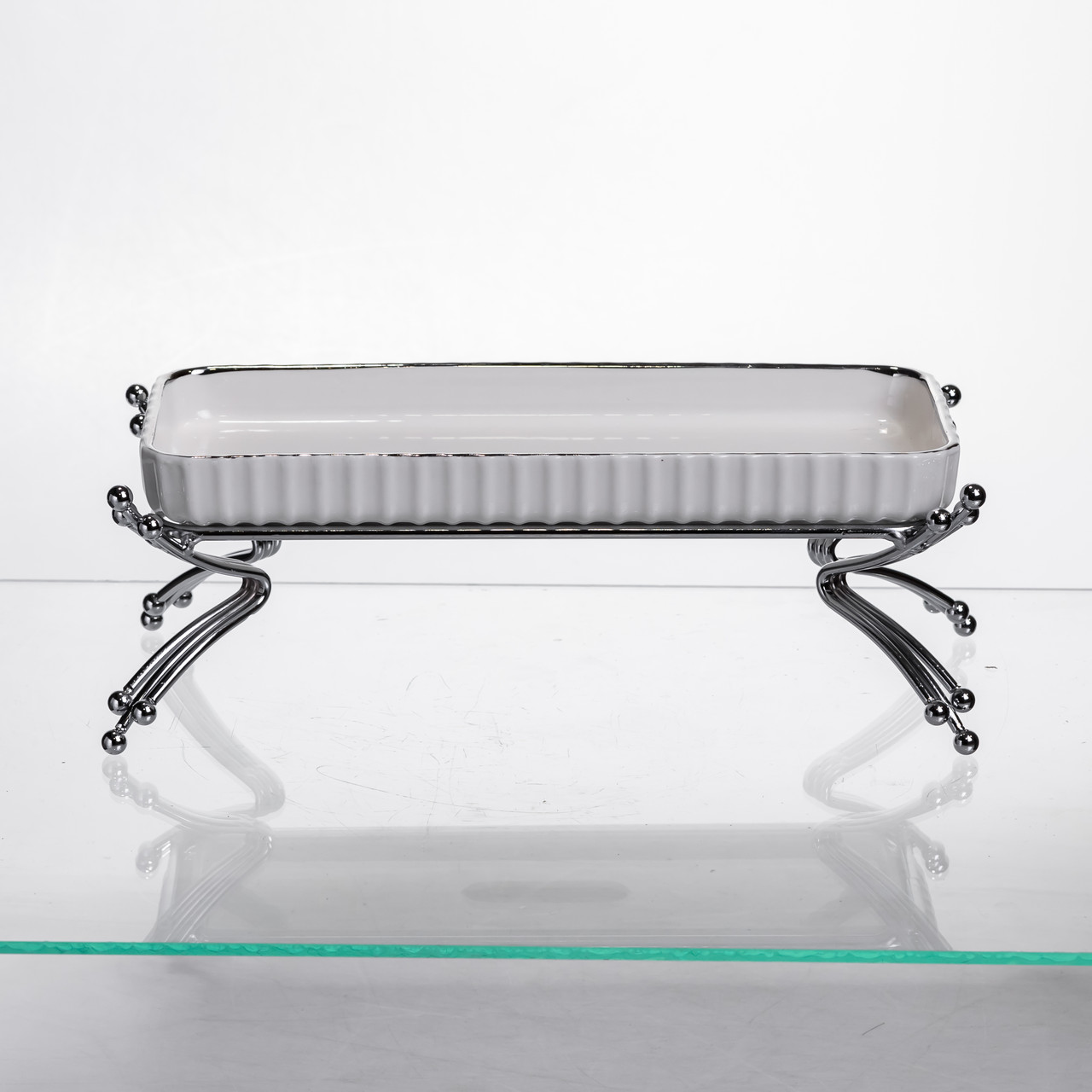 Порцелянове блюдо для сервірування на металевій підставці 37×18×5 (см) блюдо для подачі закусок Білий зі сріблом LB-1566S – купити в Україні недорого