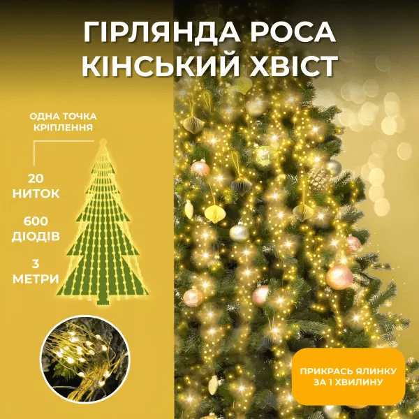 Гірлянда Кінський хвіст 3 м 20 ліній на 600 led лампочок на мідному дроті від мережі Жовта 1733015Y_1733015Y_Milantium_1