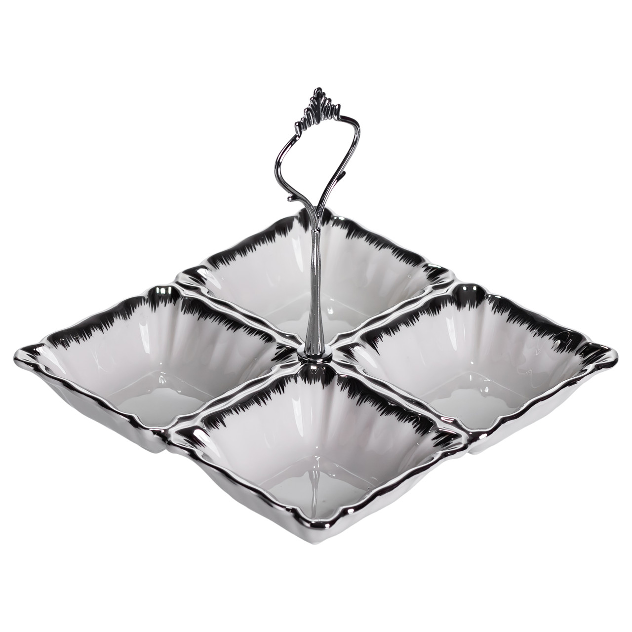 Менажниця порцелянова на 4 секції для закусок 18×18×3 (см) з ручкою Білий з сріблом LC-BYL-100-S – купити в Україні недорого