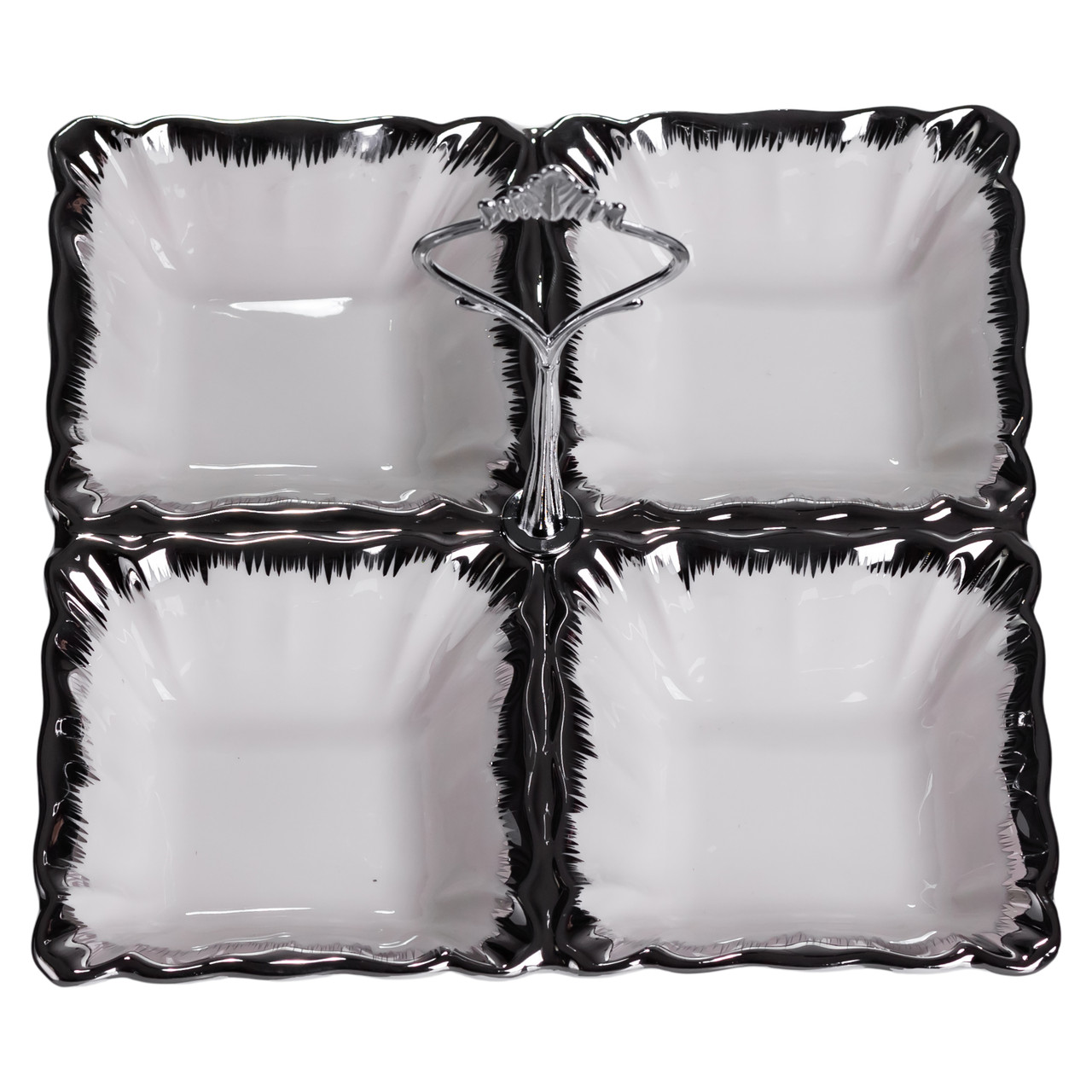 Менажниця порцелянова на 4 секції для закусок 18×18×3 (см) з ручкою Білий з сріблом LC-BYL-100-S_LC-BYL-100-S_Milantium_2