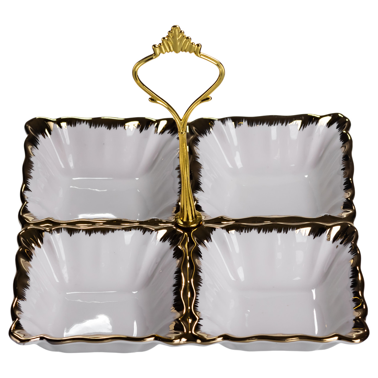 Менажниця порцелянова на 4 секції для закусок тарілка менажниця 18×18×3 (см) менажниця з ручкою Білий з золотом LC-BYL-100_LC-BYL-100_Milantium_2