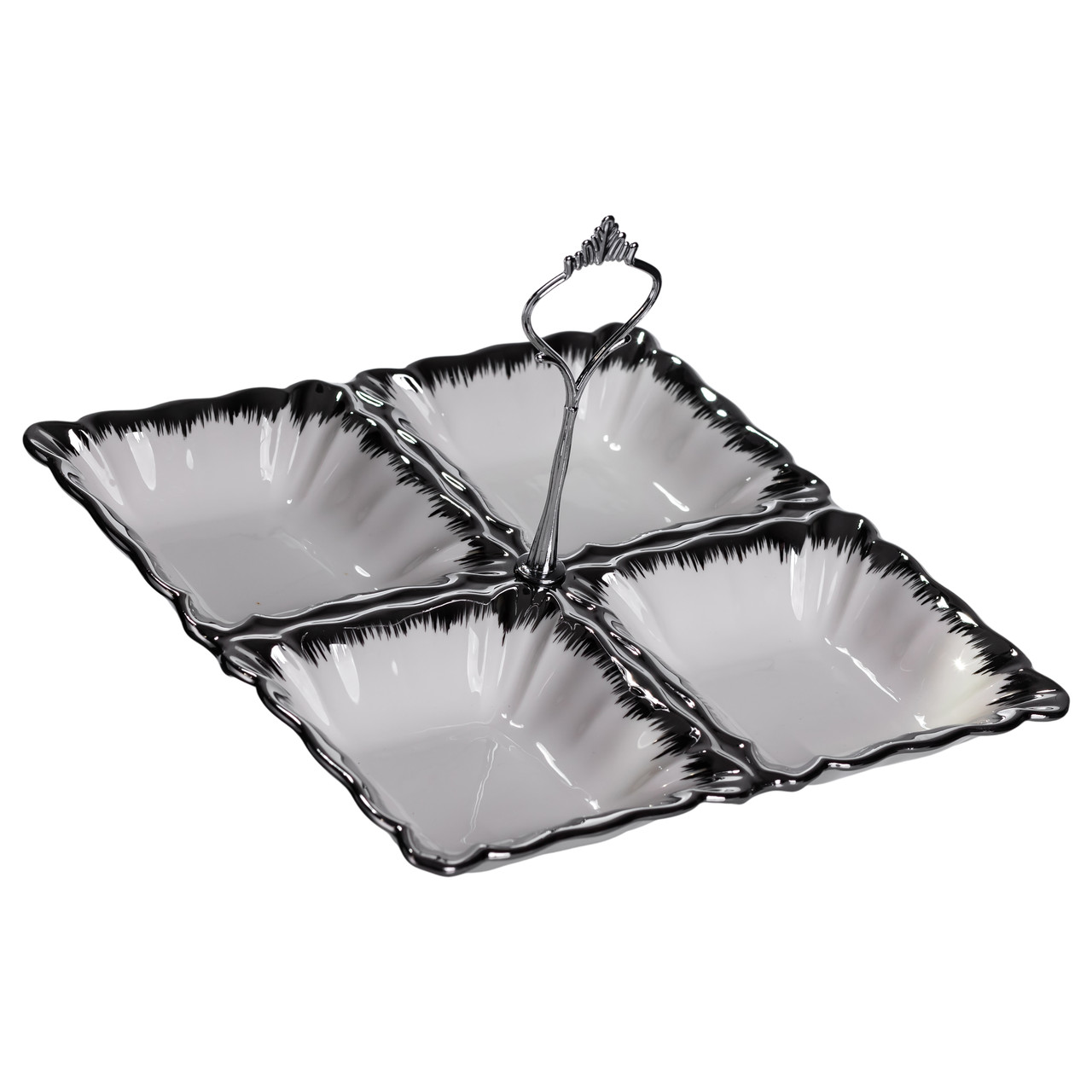 Менажниця порцелянова на 4 секції 22.5×22.5×3 (см) з ручкою Білий зі сріблом LC-BYL-101-S – купити в Україні недорого