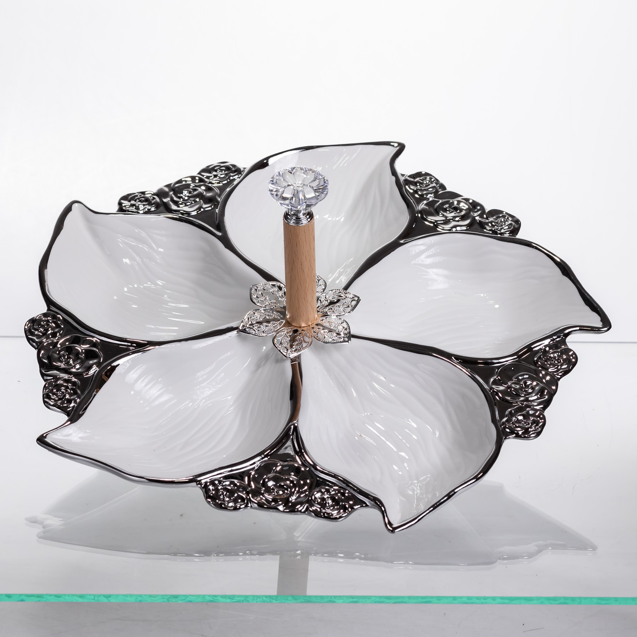 Менажниця порцелянова на 5 секцій для закусок тарілка менажниця 30×30×13 (см) Білий з сріблом 918-44S – купити в Україні недорого