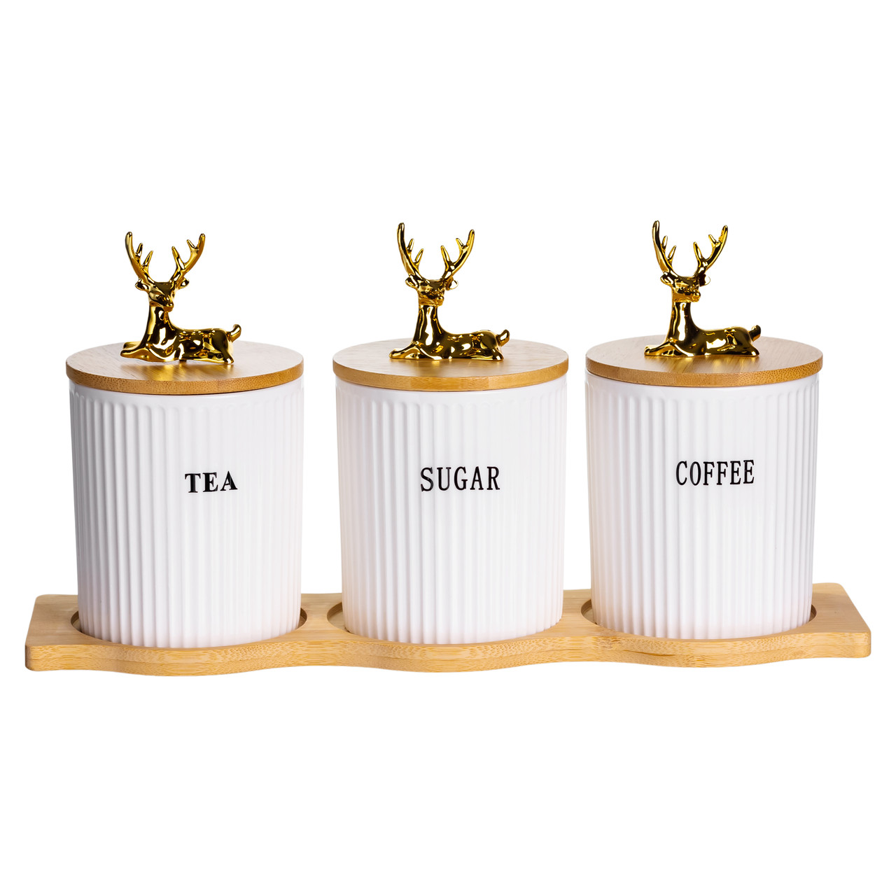 Набір порцелянових банок для сипучіх на бамбуковій підставці 3 шт. по 400 мл для чаю кави цукру SCT-652 – купити в Україні недорого