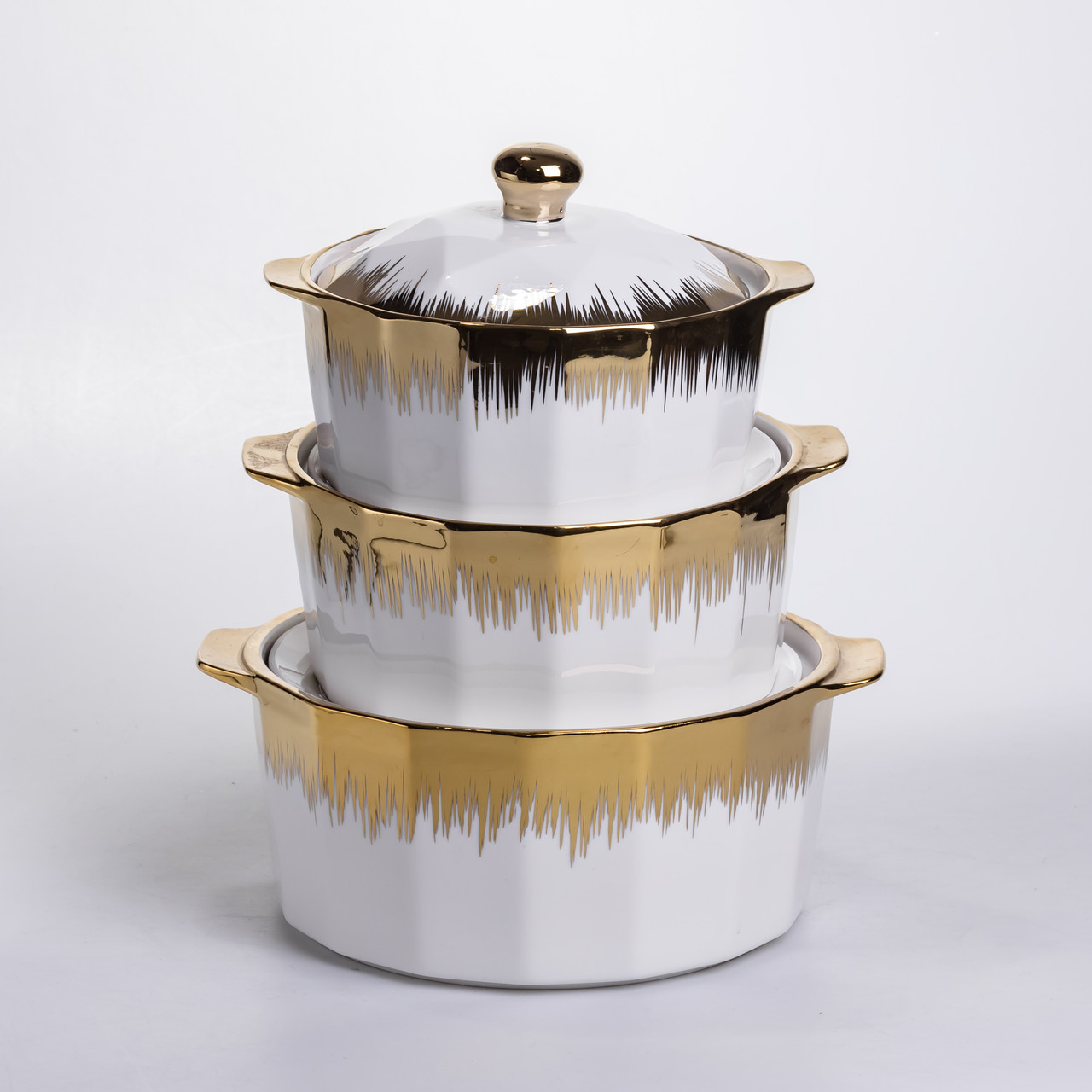 Набір супниць порцелянових 3 (шт) 1.5/2/3 (л)  каструлі бульйонниці з кришкою та ручками для дому та ресторану з позолотою ML-T26-3_ML-T26-3_Milantium_1