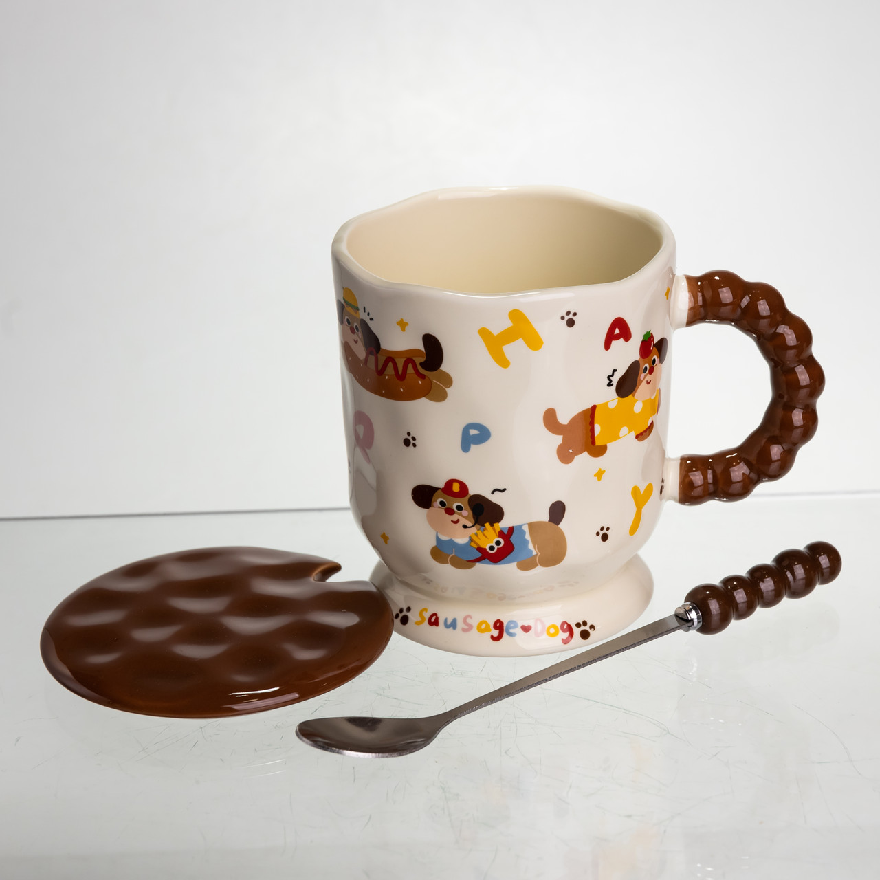 Новорічна порцелянова чашка "Весела Такса" з кришкою та ложкою 400 мл