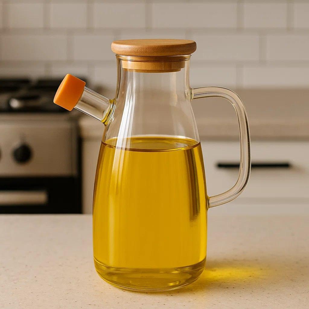 Скляна пляшка для олії та оцту з носиком і дозатором 650 мл, кришка з дерева, квадратна ручка HP-34-1-650 – купити в Україні недорого