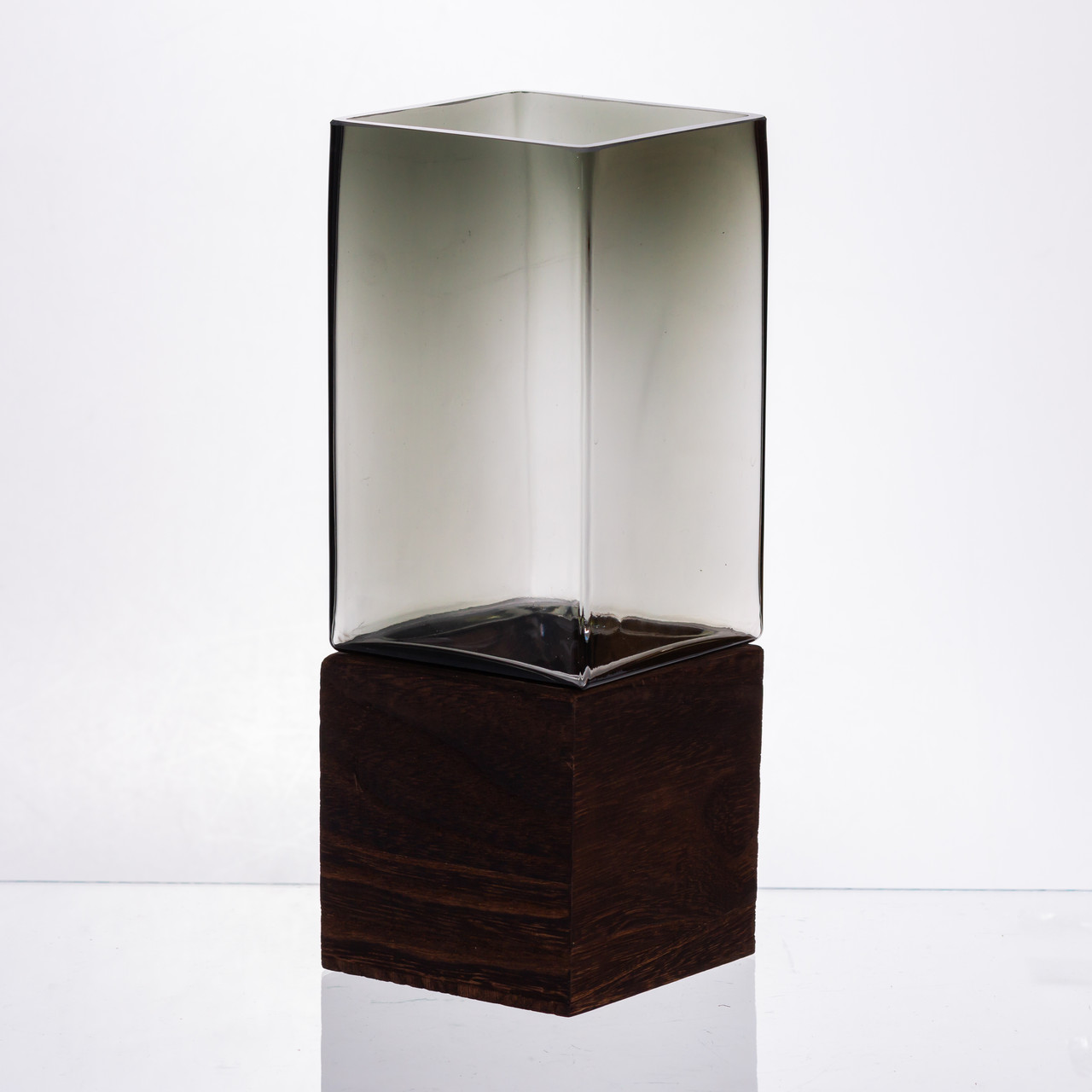 Скляна декоративна ваза квадратна, стильна ваза скло з деревом для квітів прозора HP-32-8 – купити в Україні недорого