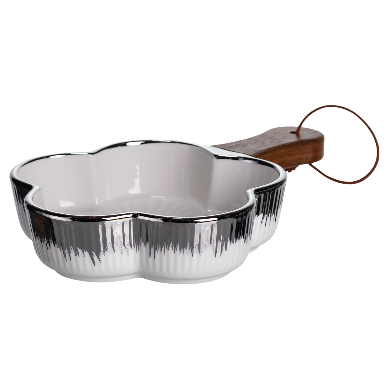 Тарілка порцелянова глибока з ручкою Квітка 24×16×4 (см) блюдо сервірувальне з ручкою для подачі тарілка сковорода Срібло ZJH-13-3_ZJH-13-3_Milantium_1