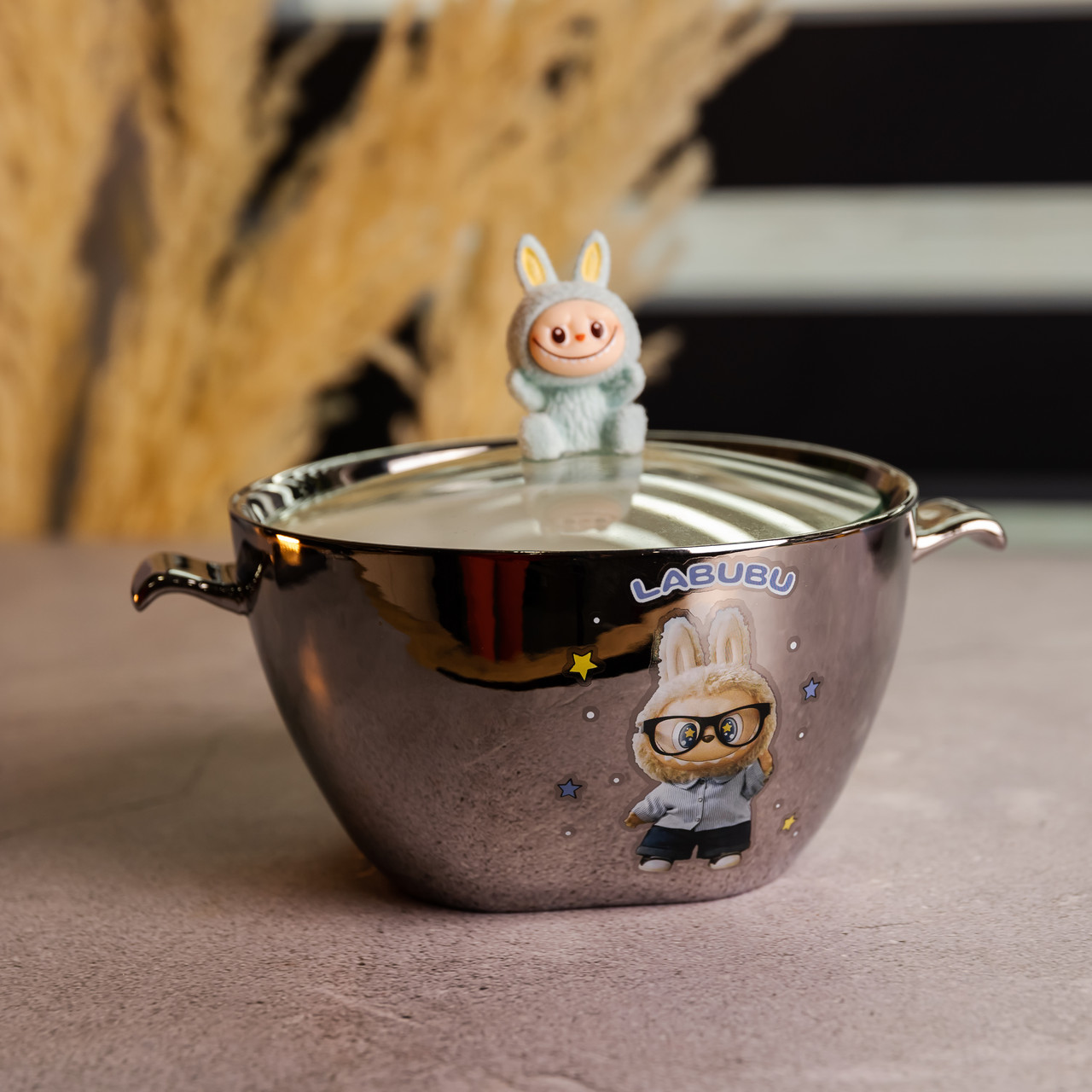 Бульйонниця порцелянова Labubu з кришкою і ручками 800 (мл) Ø15 (см) Сріблястий з блакитним FM-34D – купити в Україні недорого