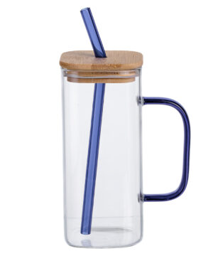 Скляна чашка 400 мл з бамбуковою кришкою і синьою трубочкою HP-19-146BL_HP-19-146BL_Milantium_1